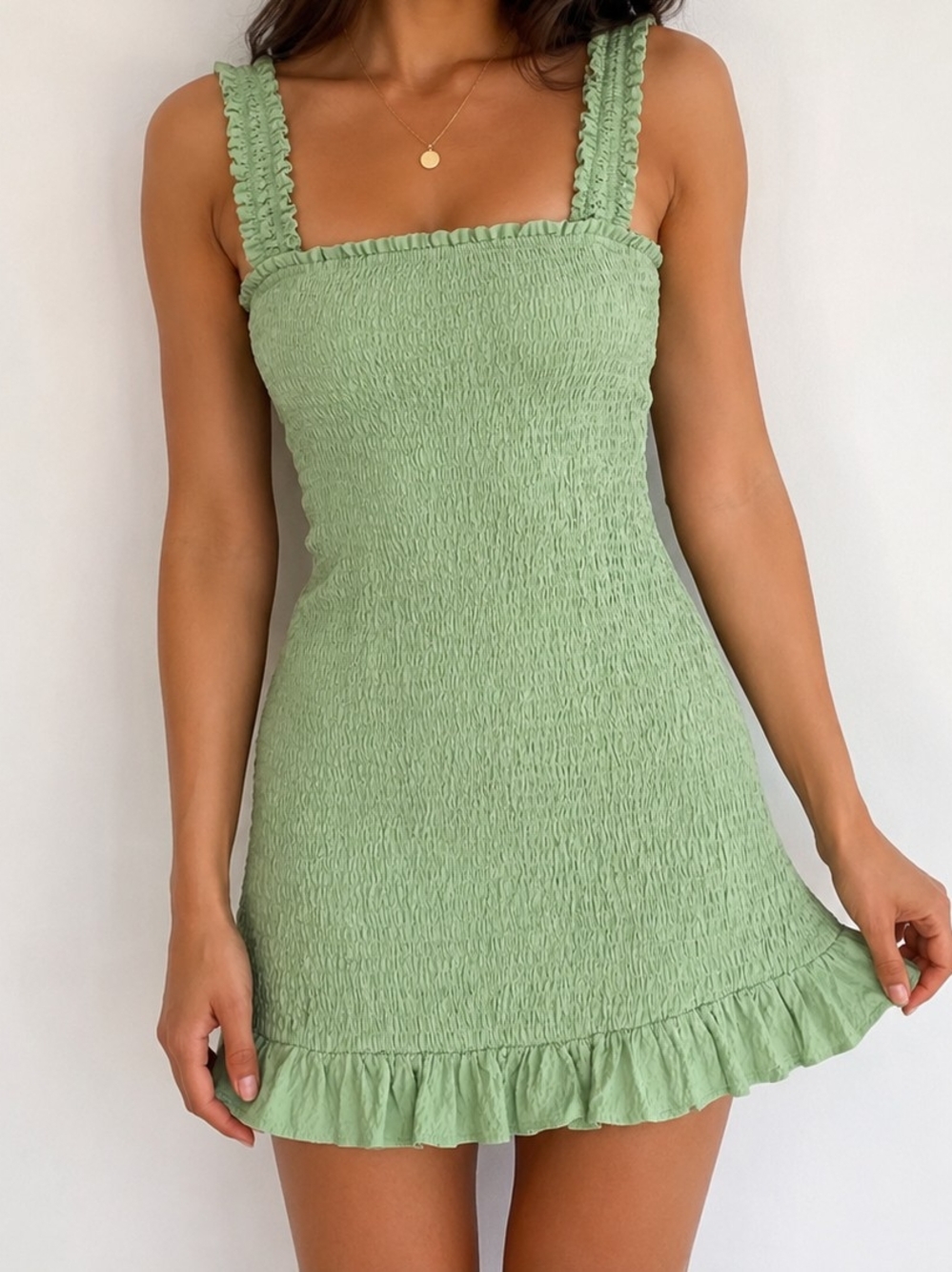 Zara Light Green Smocked Ruffle Mini Dress Size M